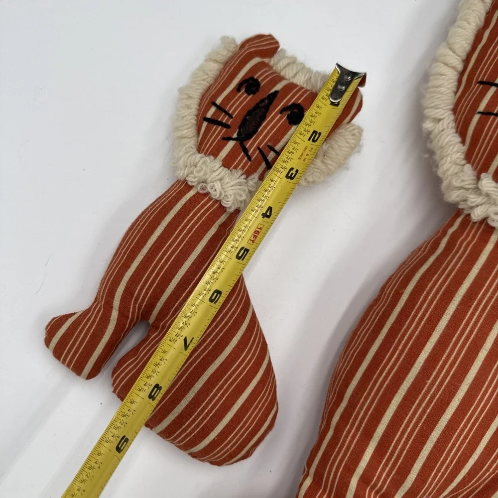 Vtg Handmade Primitive Stuffed Cat Dolls Orange Ticking Stripe Folk Art Pillows